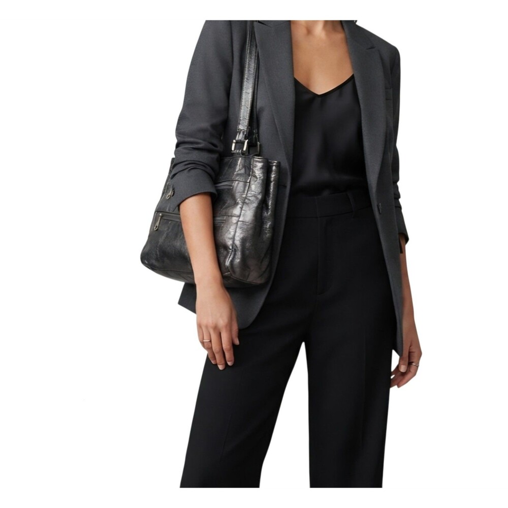 Vintage SHS Metallic Black Textured Leather Multi-Zip Shoulder Bag
